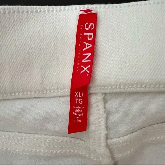 Spanx Jeans Womens XL White Skinny Leg Legging Pull On Distressed Raw Hem Denim - Picture 11 of 16